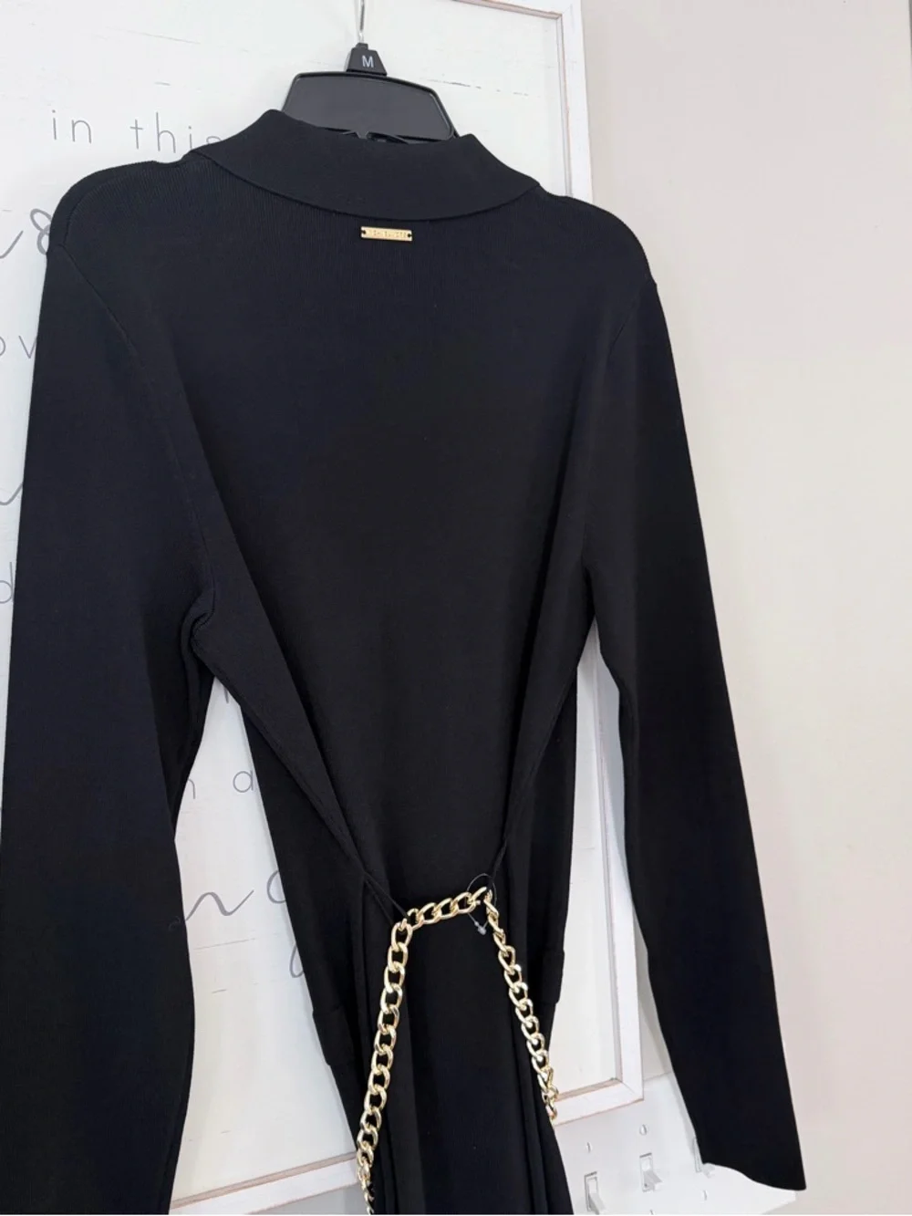 Michael KORS Stretch Viscose Gold Chain Belted Signature Black Midi Dress Medium